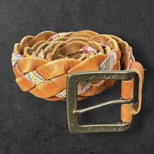 Robert Graham Braided Woven Leather Belt Mens 44/110 Brown Ribbon Etched Preppy